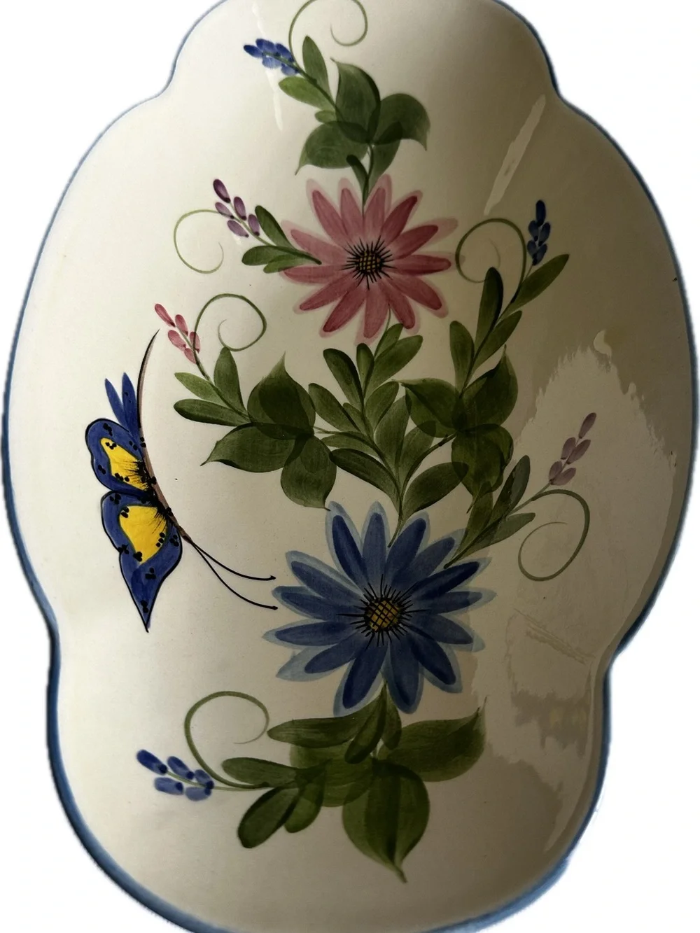 Laurie Gates Hand-Painted Floral Ceramic Dish in Cream with Pink & Blue Flowers